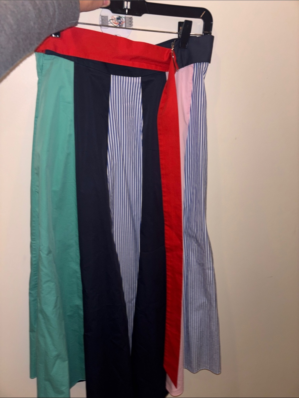 Tibi Paneled Colorblock Striped Poplin Midi Skirt with Tie Belt